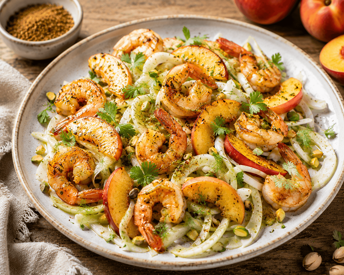 Crevettes sautées aux nectarines et fenouil - Les épices curieuses