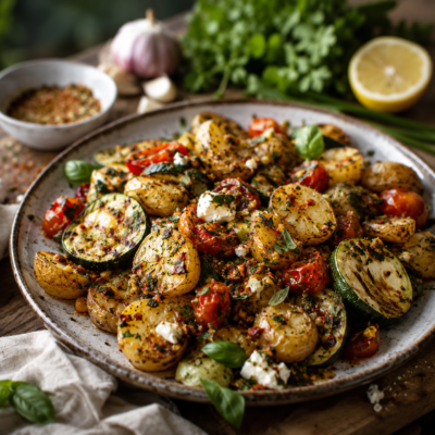 Salade méditerranéenne colorée avec pommes de terre, courgettes grillées, tomates cerises et herbes fraîches.
