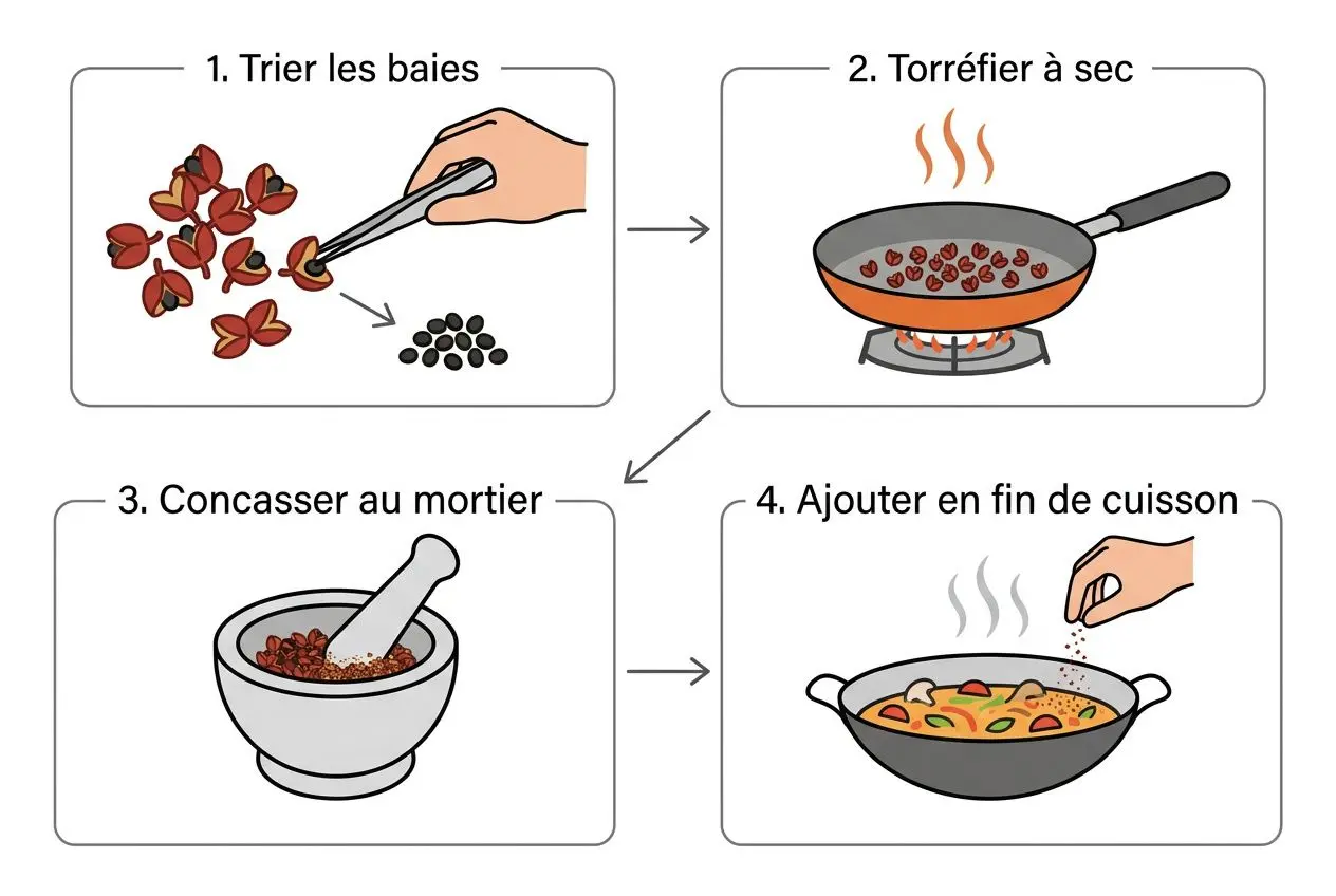 Pas à pas: tri des baies, torréfaction à sec, concassage au mortier puis ajout en fin de cuisson pour un plat parfumé au poivre de sichuan.