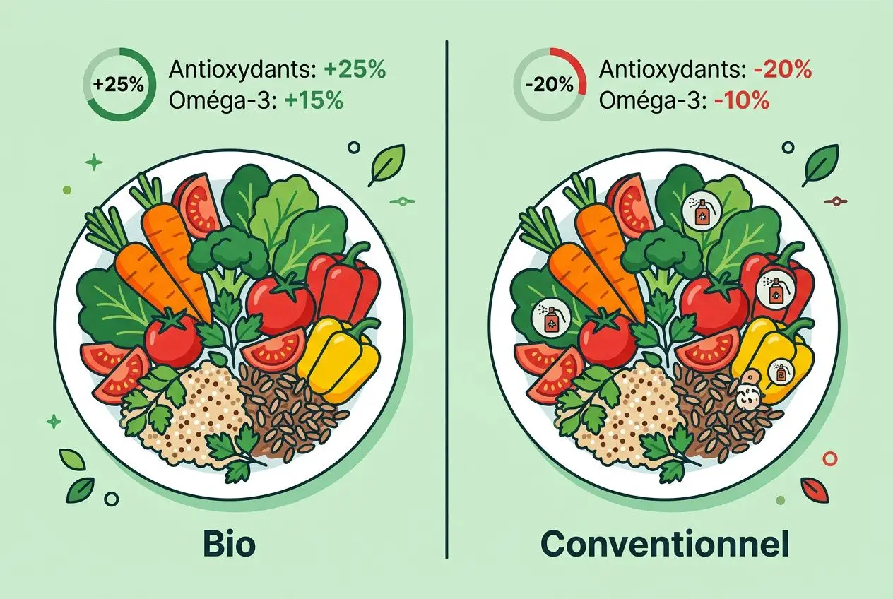 Alt: Illustration comparative entre aliment bio et conventionnel: bol de légumes et céréales, avec indicateurs sur avantages et inconvénients, incluant le thème manger bio avantages et inconvénients.