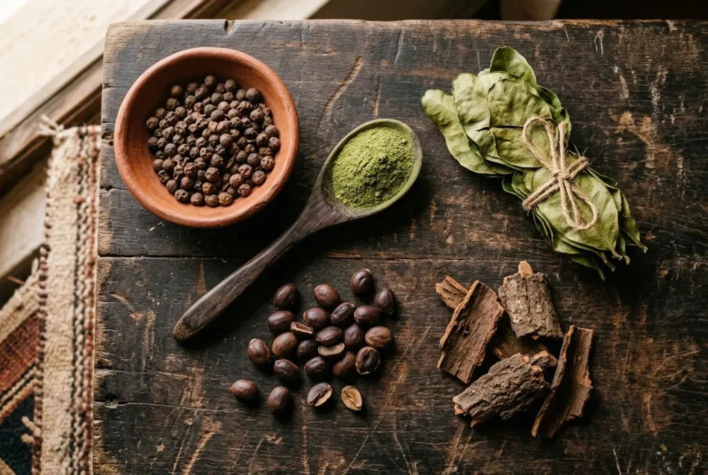 Assortiment d’épices et cafés: poivre en grains, poudre verte, feuilles sèches et éclats d’écorce, sur planche en bois. Épice africaine.