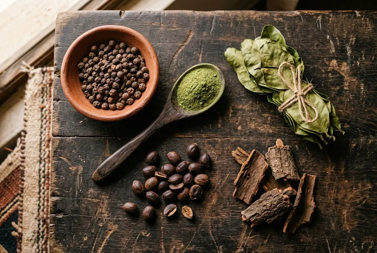 Assortiment d’épices et cafés: poivre en grains, poudre verte, feuilles sèches et éclats d’écorce, sur planche en bois. Épice africaine.