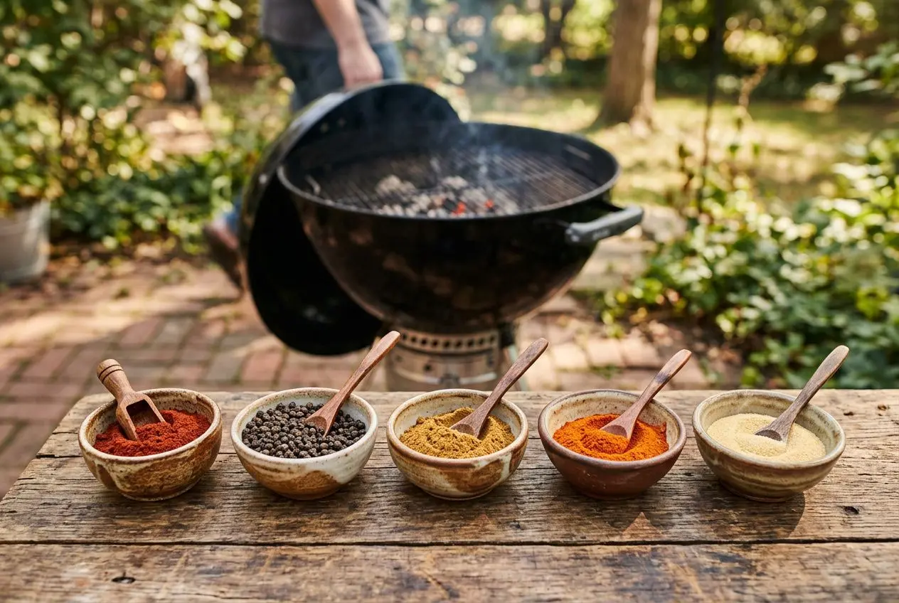 Assortiment d'épices colorées en bols devant un barbecue, prêt à assaisonner une grillade au barbecue. Meilleures épices pour assaisonner viande barbecue.