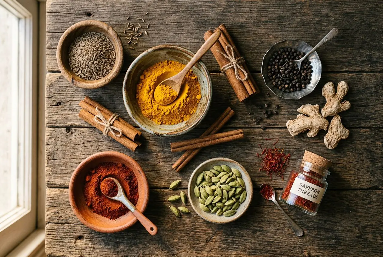 Assortiment d'épices et fines herbes sur bois: curcuma, paprika, cumin, gingembre, cardamome et cannelle avec graines, poivre, et mélange épicé à préparer en cuisine pour sublimer vos plats.