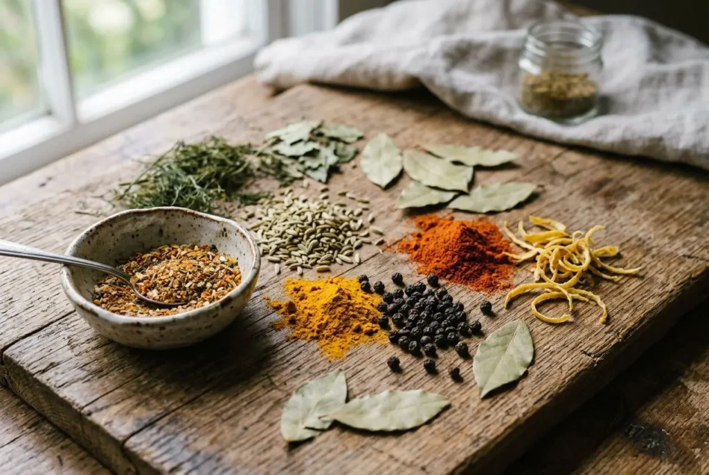 Assortiment d'épices, herbes et zestes de citron sur une planche en bois.