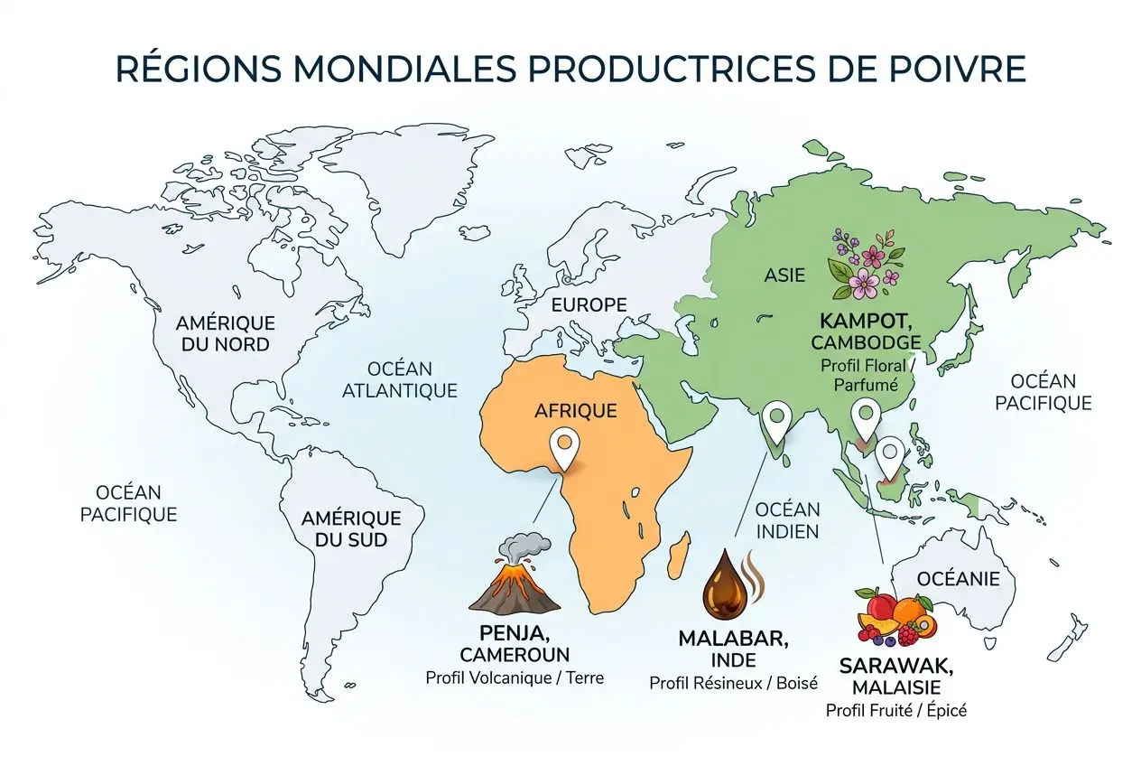 Carte des régions mondiales productrices de poivre avec Kambodja, Inde, Afrique et Malaisie et leurs profils aromatiques. | intégrer le mot-clé: comment choisir poivre rare naturellement en parlant des critères visuels et d’origine.