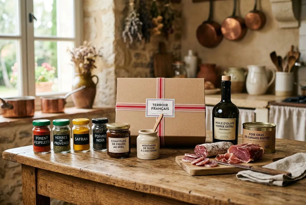 Coffret et bocaux d’épicerie fine sur table en bois, avec bouteille d’huile d’olive et planche de charcuterie, ambiance cuisine rustique. Épicerie fine en ligne France.