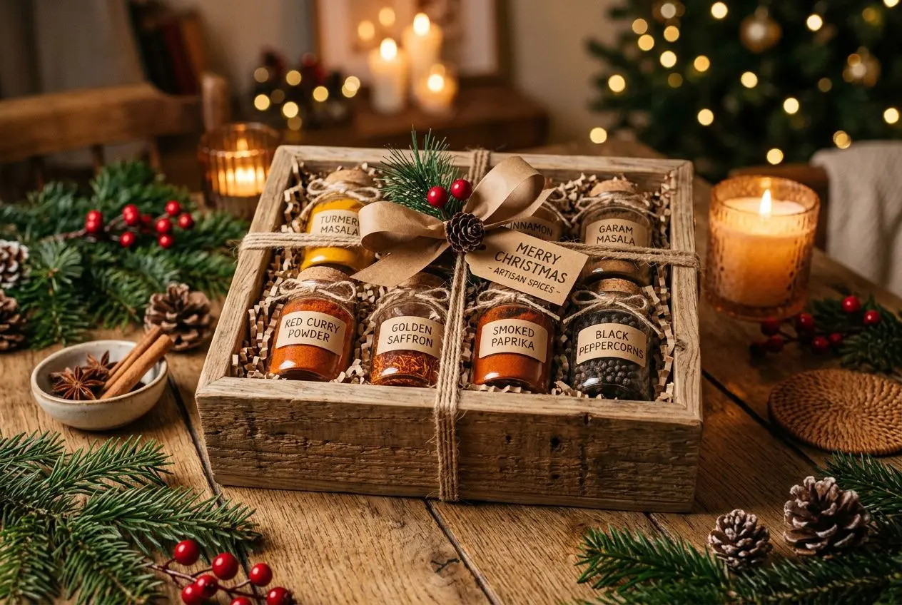 Coffret en bois prêt à offrir avec six petits pots d’épices, étiquettes artisanales, ruban et décoration de Noël autour. 5 idées de coffrets cadeaux d'épices pour faire plaisir aux gastronomes est intégré.