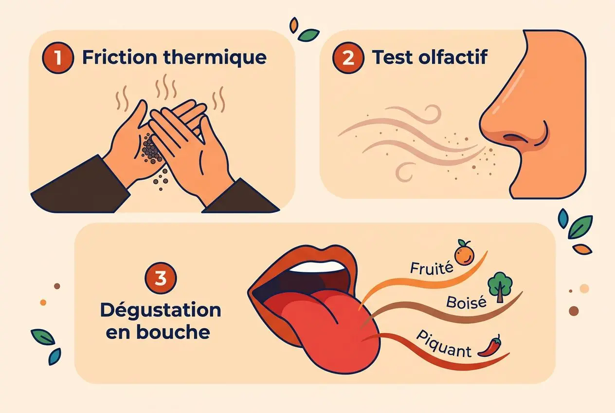 Comment choisir poivre rare : illustration pédagogique sur friction thermique, test olfactif et dégustation en bouche avec trois étapes et flaveurs fruité, boisé et piquant