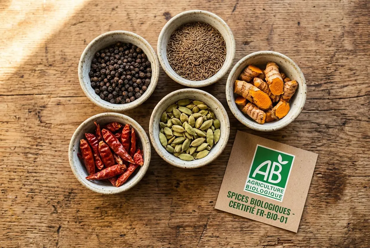 Différence épices bio classiques : assortiment de cinq épices en petits bols sur bois, avec un label AB biologique assorti.