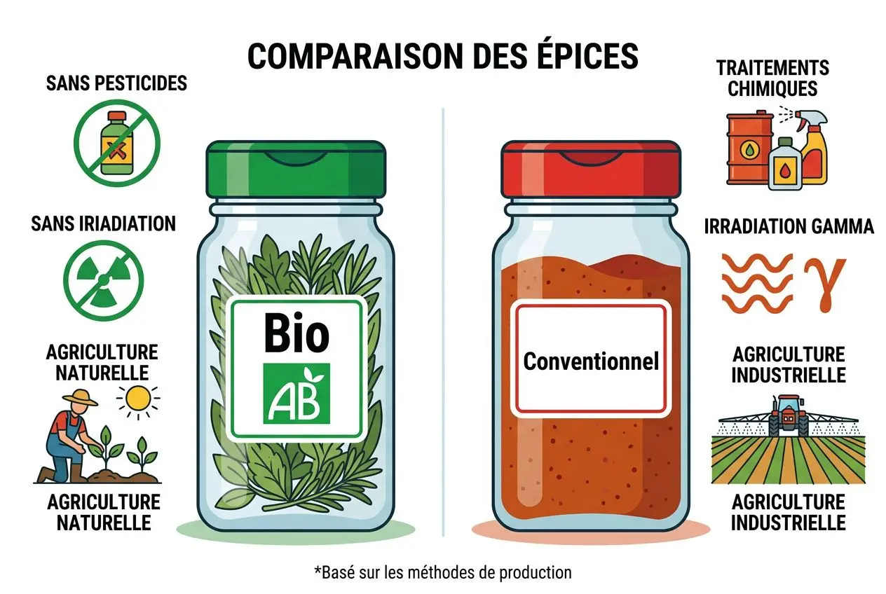 Différence épices bio et classiques : flacons côte à côte, bio avec label AB et étiquetage « Bio », côté gauche sans pesticides et sans irradiation, agriculture naturelle; côté droit avec traitement chimique et irradiation gamma; visuels de campagnes agricoles et pictogrammes.