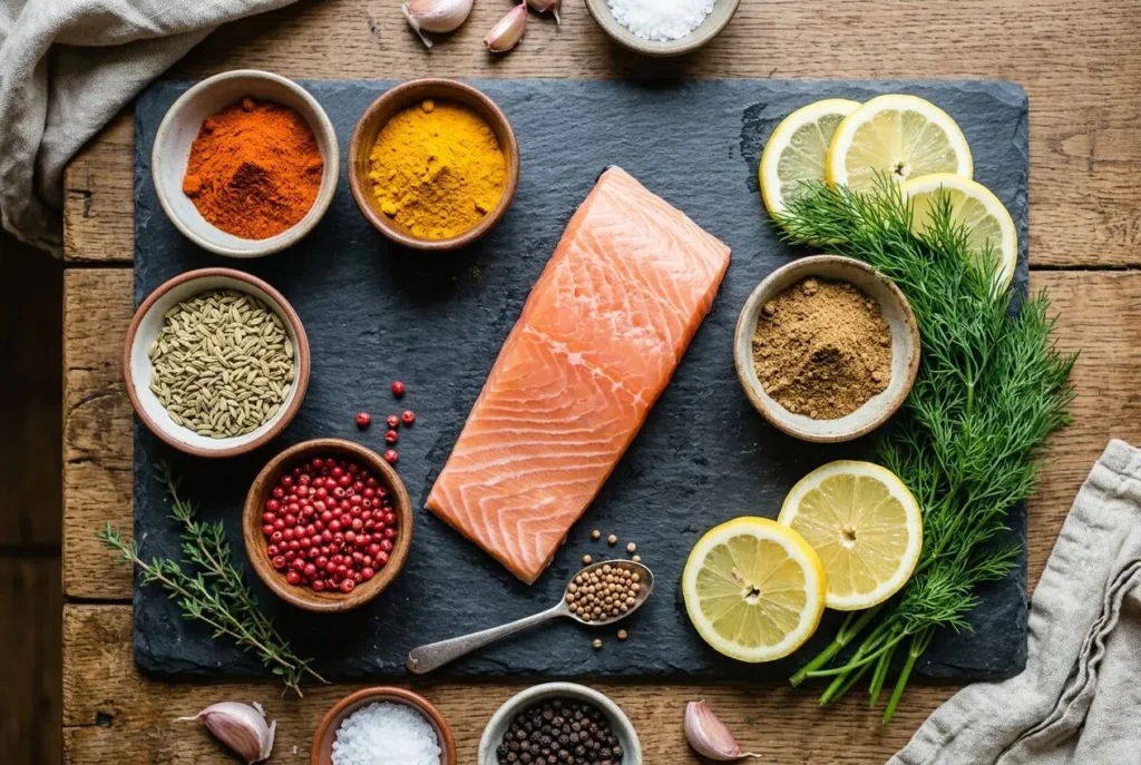 Filets de saumon cru sur ardoise, entouré d’épices, zestes et herbes; citron, aneth et poivre noir. Épices qui vont avec le poisson.