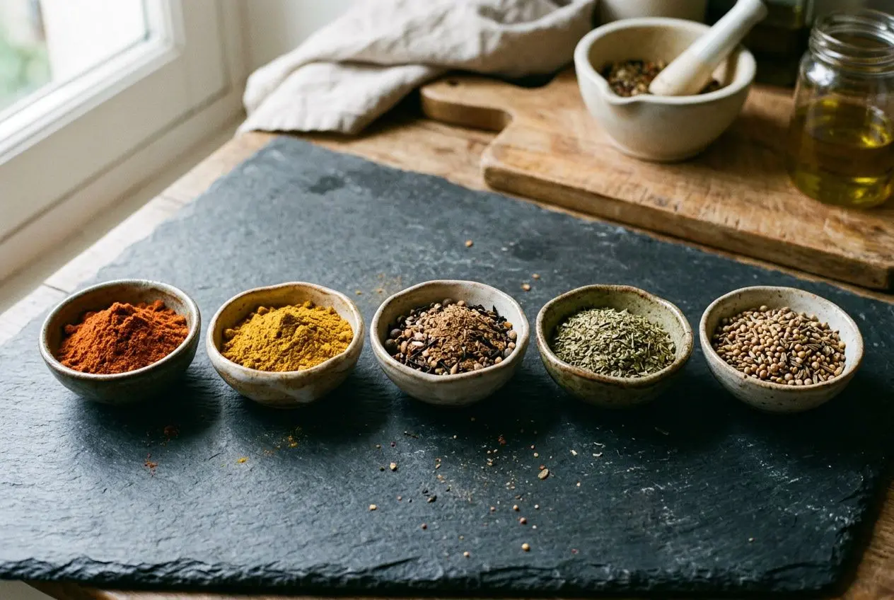 Fond de ardoise avec cinq petits bols de poudres d’épices colorées, prête à relever des plats, alternatives aux épices roellinger.