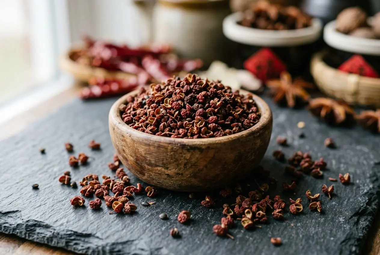 Gros plan sur des baies de Sichuan dans un bol en bois, éparpillées autour, sur une plaque sombre prêt à être utilisées en cuisine.