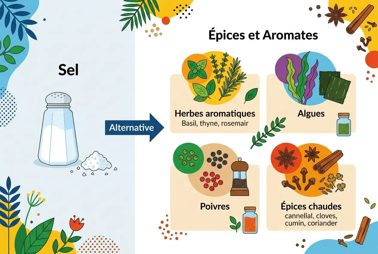 Herbes aromatiques et épices comme alternatives aux épices Roellinger, affichage coloré avec sel et poudres.