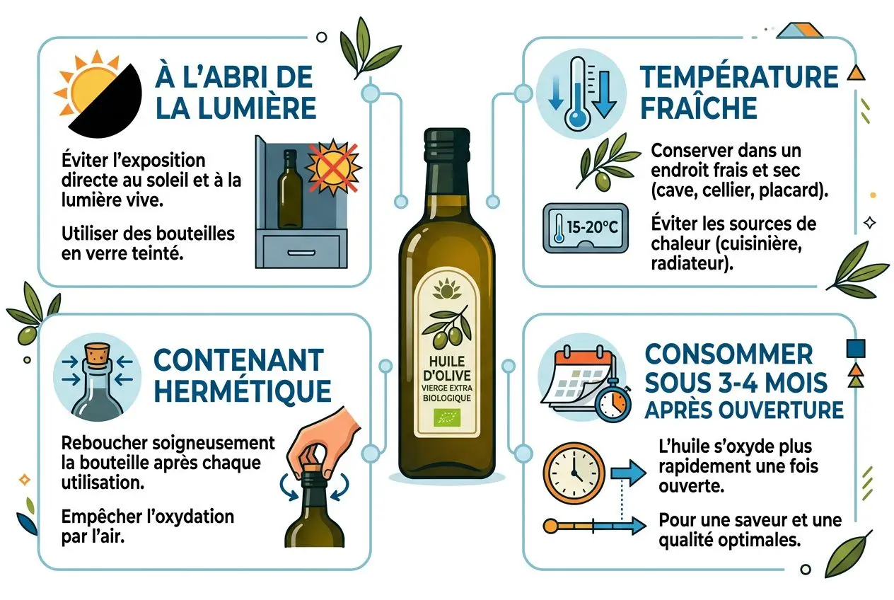 Huile d’olive bio au centre, infographie sur les conseils : lumière, fraîcheur, contenant hermétique et consommation rapide après ouverture.