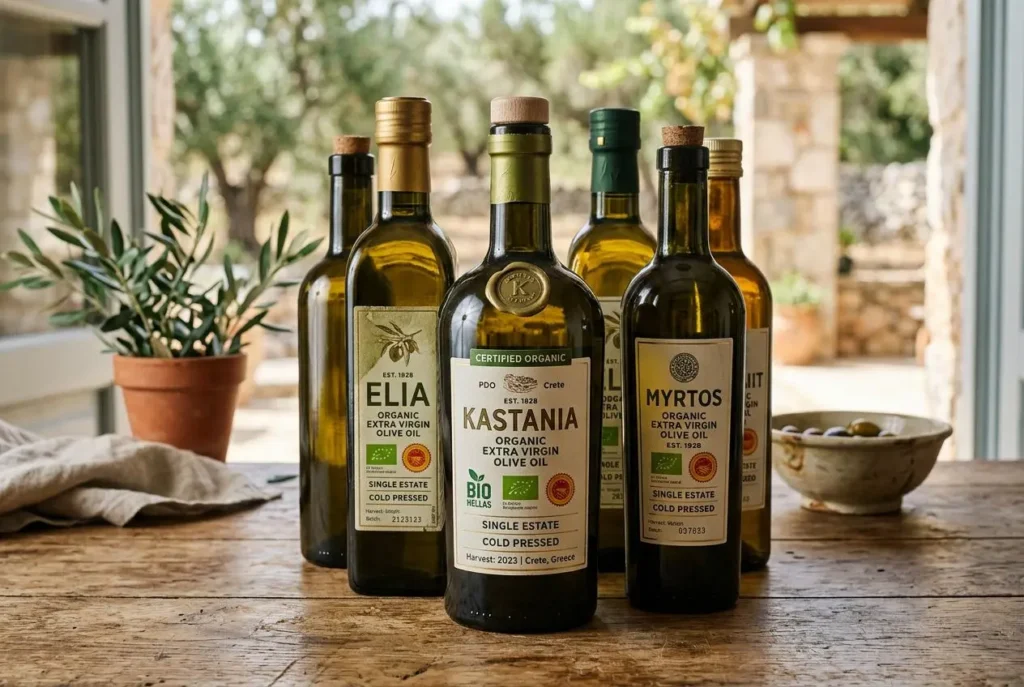 Huiles d’olive bio en bouteilles variées sur une table, près d’une plante, prêt à comparer l’huile bio que choisir pour cuisiner sainement.