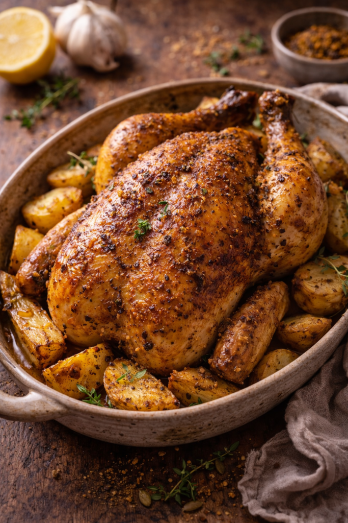 Poulet rôti doré avec pommes de terre et ail, assaisonné d'herbes fraîches.