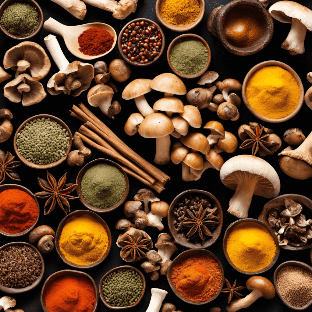 Assortiment d'épices, champignons et aromates en petits bols et sur la table.