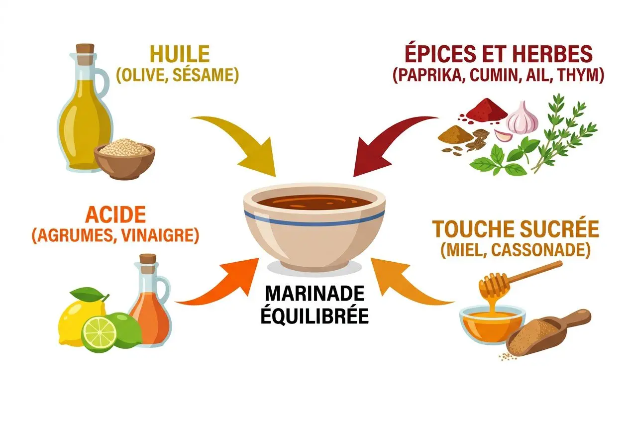 Marinade équilibrée pour barbecue: images d’huile et acide, épices et herbes, touche sucrée et ingrédients (citron, miel, vinaigre) autour d’un bol.