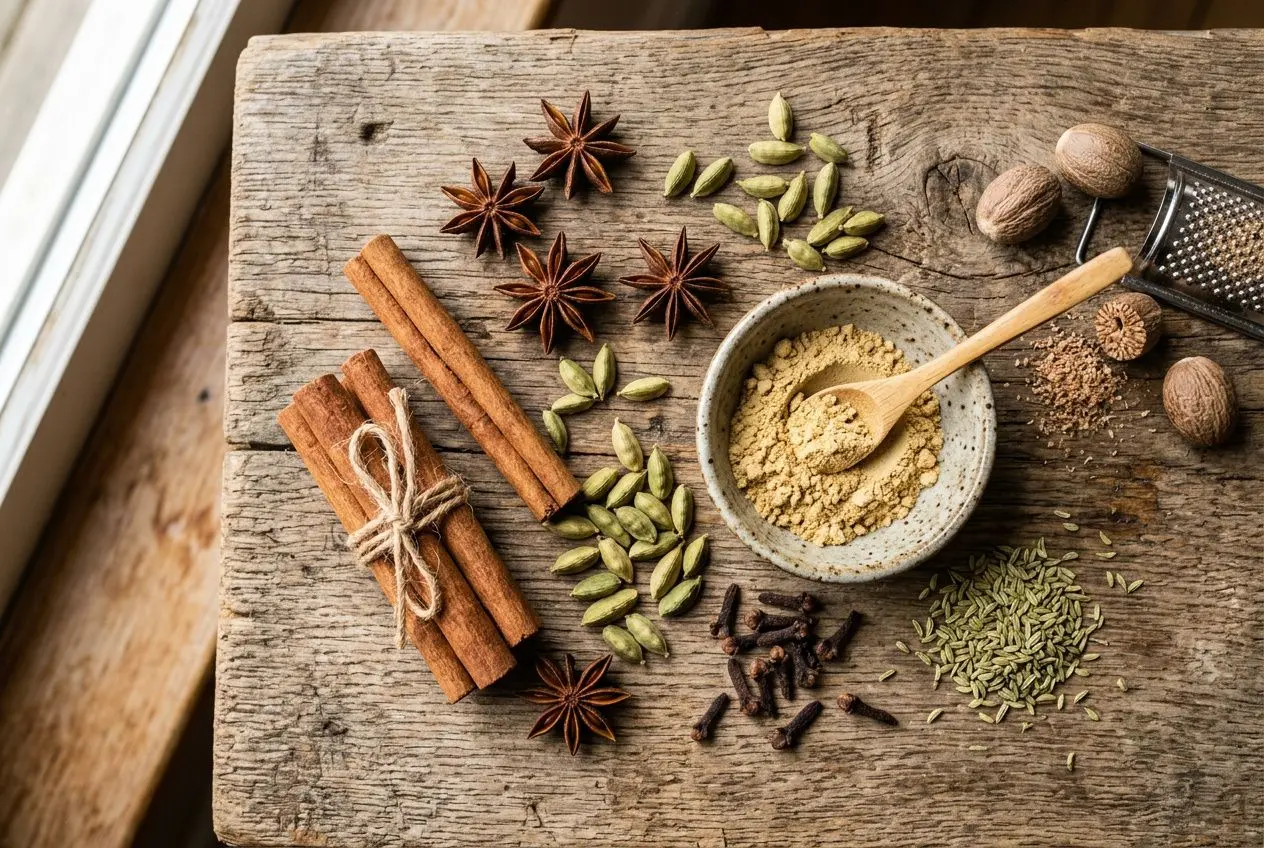 Mélange d’épices pour pain d’épices maison: cannelle, gingembre et badiane visibles avec de la poudre épice dans un mortier et des bâtons de cannelle, étoiles anisées et graines variées sur une table rustique. recette mélange épices pain d'épices.