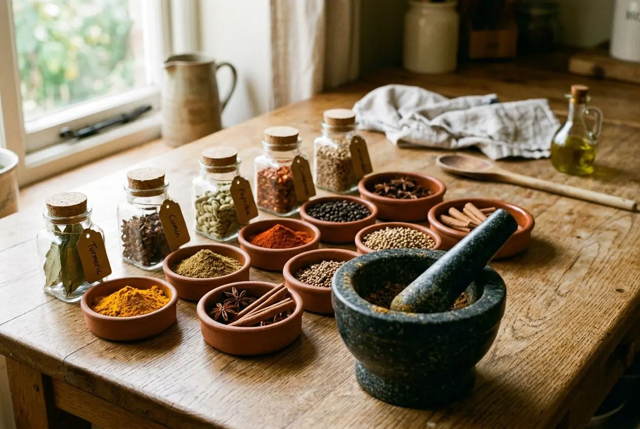 Un mortier et un pilon en pierre au premier plan entourés de petits bols et fioles d’épices colorées sur une table en bois, prête à créer des épices qui se marient bien ensemble.