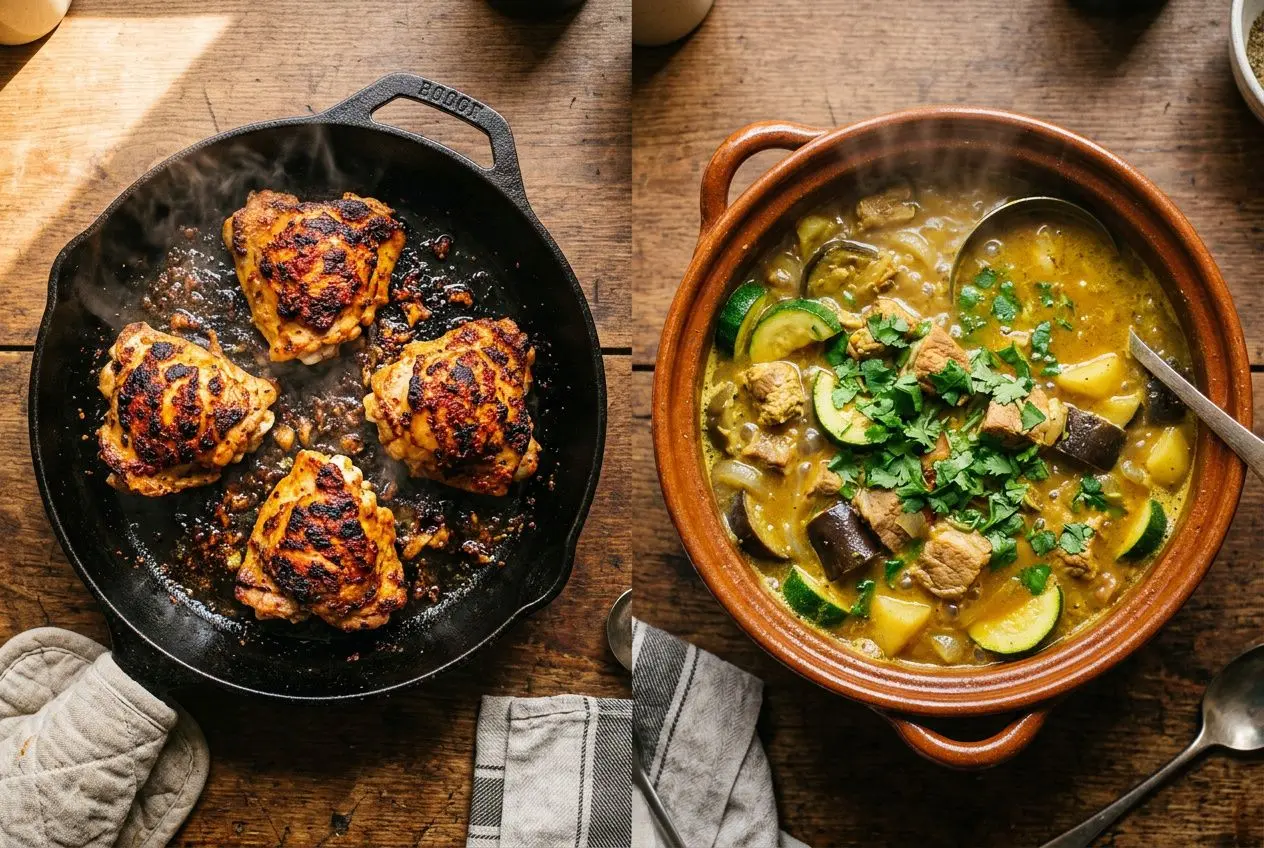 Poulet rôti dans une poêle et ragoût avec légumes dans un tajine; assiettes et ustensiles autour, prêt-à-servir. Comment utiliser les épices en cuisine.