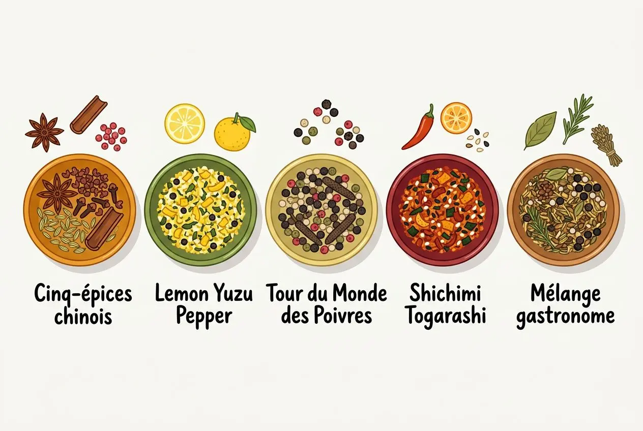 Quatre bols d’épices illustrés: Cinq-épices chinois, Lemon Yuzu Pepper, Tour du Monde des Poivres, Shichimi Togarashi et Mélange gastronome, avec fruits et graines autour. Poivre sichuan utilisation intégrée.