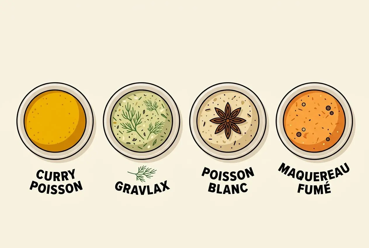 Quatre sauces ou marinades aromatisées pour poisson: curry poisson, gravlax, poisson blanc et maquerau fumé, illustrés avec épices. Épices qui vont avec le poisson.