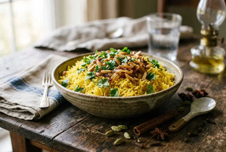 Bol de riz épicé avec viande et herbes fraîches sur une table en bois.