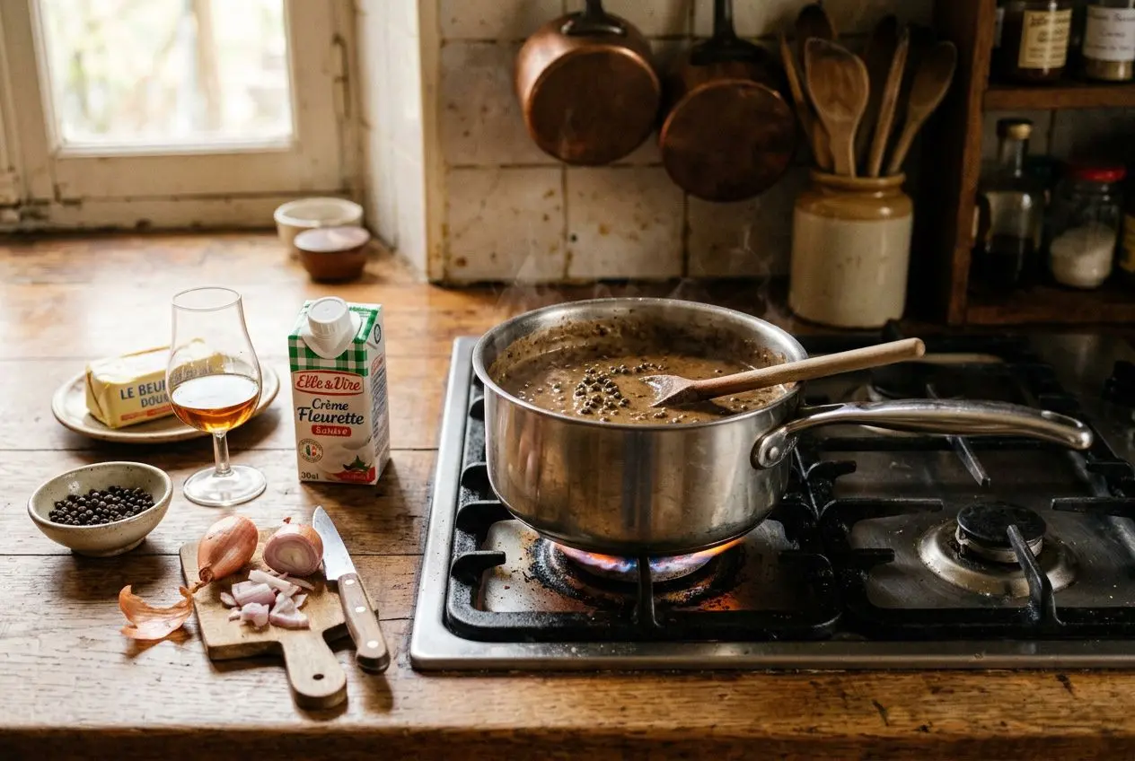Sauce au poivre maison en préparation : une casserole mijote sur le feu avec des grains de poivre, œufs d'ail et crème à côté dans la cuisine rustique.