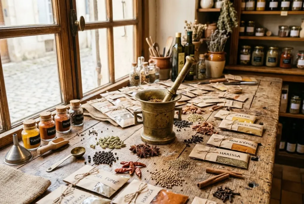 Table avec épices, herbes et ingrédients bio dans un atelier artisanal.