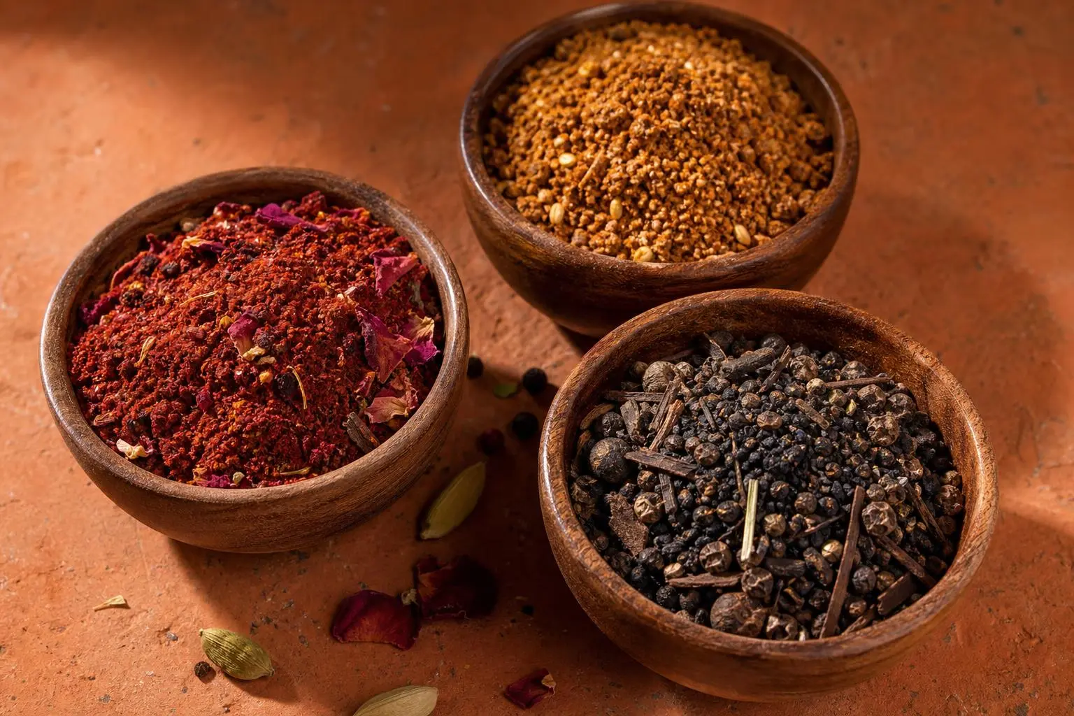 Trois bols en terre cuite contenant des épices colorées et variées, prêts à être utilisés en cuisine africaine, avec des notes de piment, de cumin et de clou de girofle. Épice africaine.