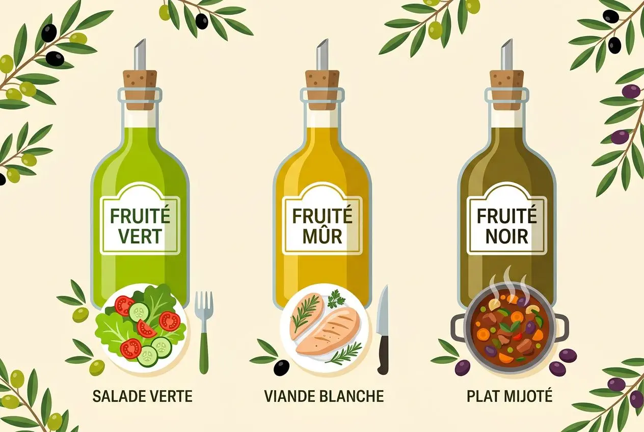 Trois bouteilles d’huile d’olive “Fruité” avec étiquettes vert, mûr et noir, entourées d’olives et de plats végétariens. huile bio que choisir intégrée naturellement.