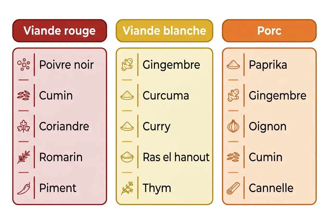 Trois colonnes d’épices: Viande rouge (poivre noir, cumin, coriandre, romarin, piment), Viande blanche (gingembre, curcuma, curry, ras el hanout, thym), Porc (paprika, gingembre, oignon, cumin, cannelle). Meilleures épices pour assaisonner viande barbecue.