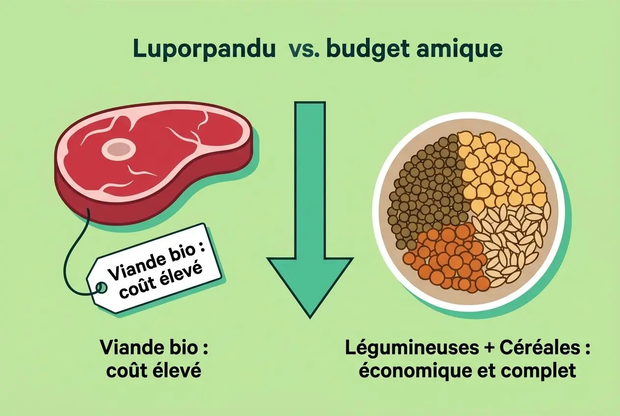 Viande bio coûte élevée à gauche et bol de légumineuses et céréales économiques à droite, avec flèche verte indiquant le choix. Manger bio moins cher conseils.