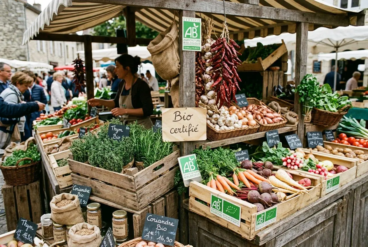 Vitrine de marché bio avec légumes et herbes frais, étiquettes “Bio certifié” et pancartes indiquant les produits, ambiance locale. intégrer le mot-clé: manger bio avantages et inconvénients.