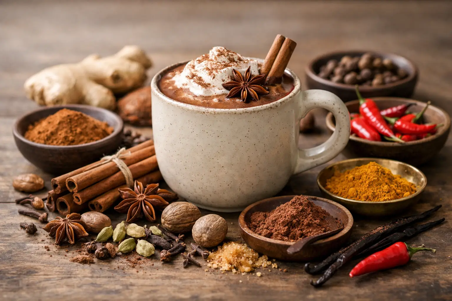 Épices et ingrédients pour chocolat chaud avec épices.