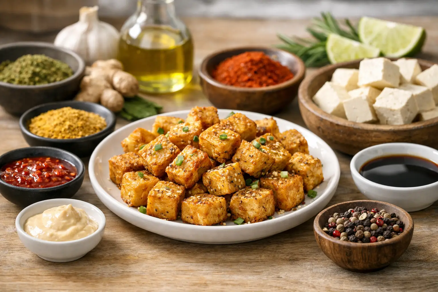 Trempettes de tofu croustillantes avec épices et sauces variées.