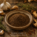 Poudre d'épices dans un bol en céramique avec ail, herbes, champignons séchés et piment rouge sur fond en bois rustique.