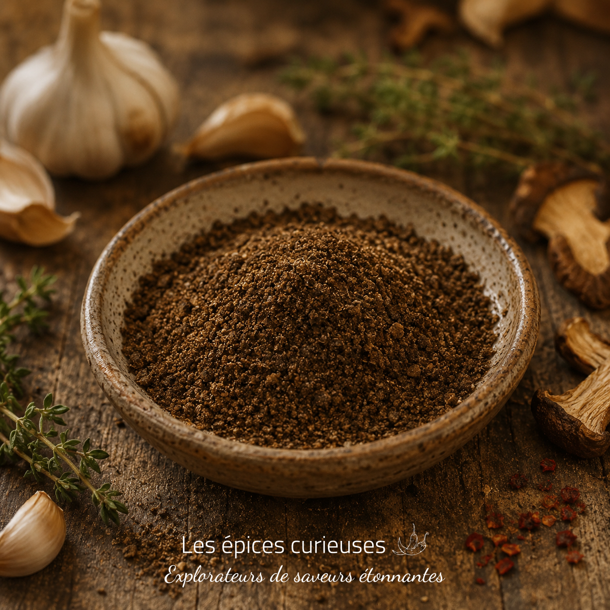 Épices en poudre dans un bol en céramique sur une table en bois.