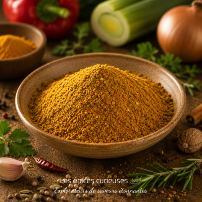 Assortiment d'épices, bol de curry en poudre avec légumes frais sur table en bois, cuisine aromatique.