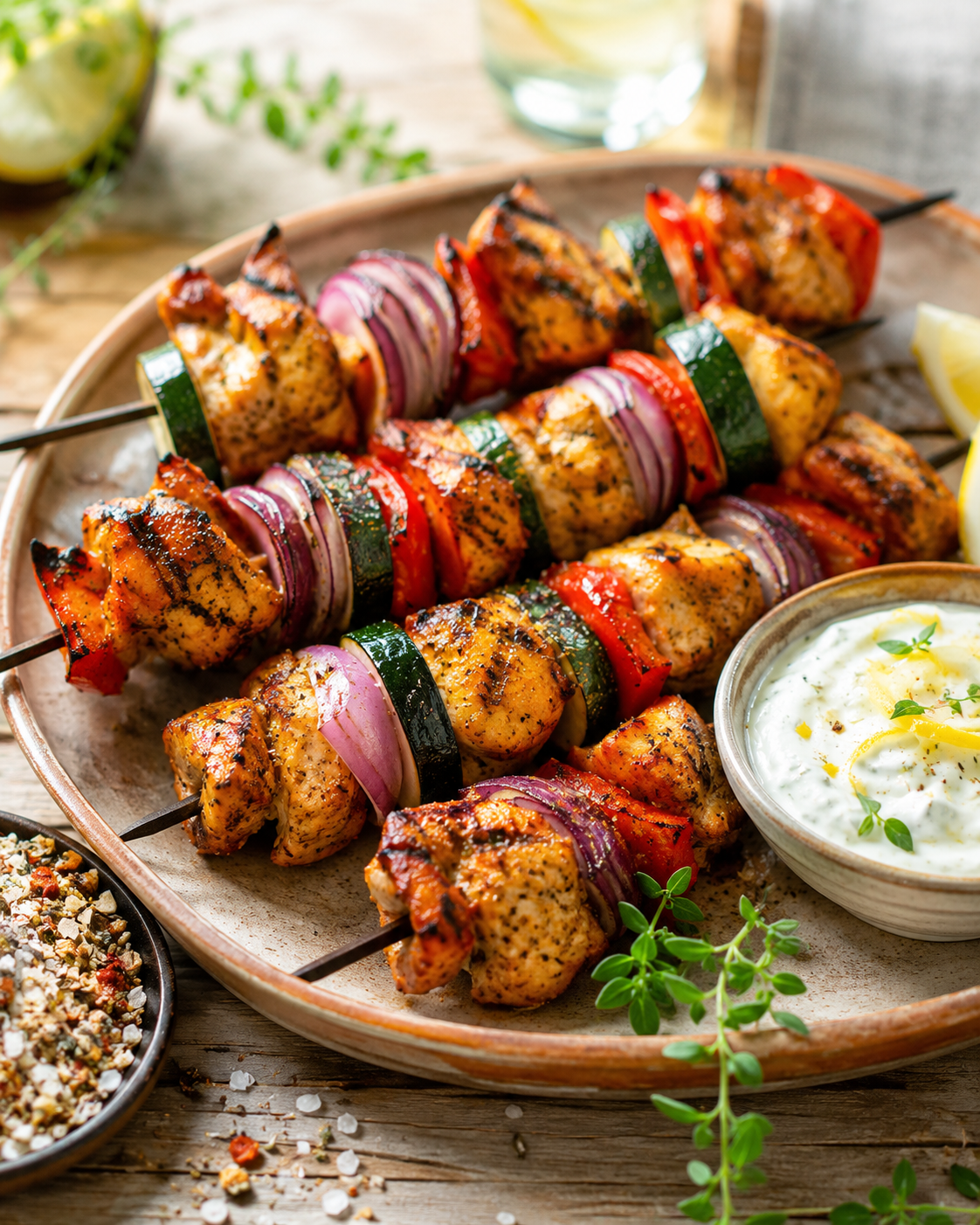 Brochettes de poulet marinées aux épices avec légumes grillés.