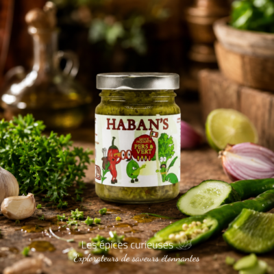 Pot de sauce piquante Haban's Pers & Vert entouré de légumes frais : persil, concombre, ail et citron vert.