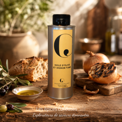 Bouteille d'huile d'olive et oignon fumé, entourée de pain, olives et oignons grillés sur une table rustique.
