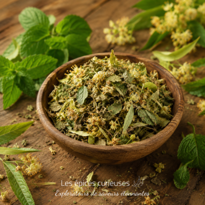 Bol en bois de tilleul séché sur table rustique entouré de feuilles et fleurs fraîches.