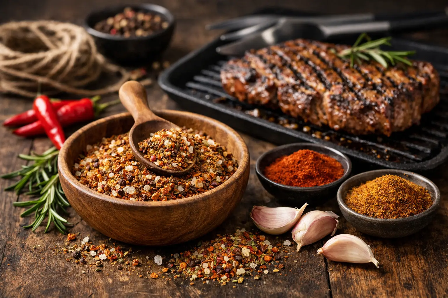 Mélange d'épices pour grillades avec viande grillée en arrière-plan.