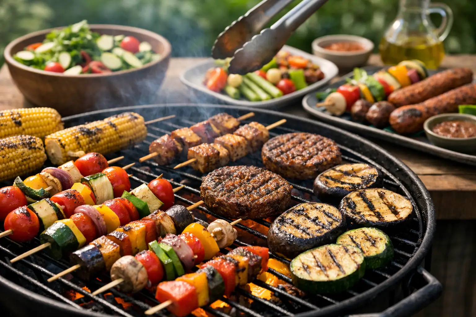 Brochettes de légumes et steaks végétariens grillés sur barbecue.