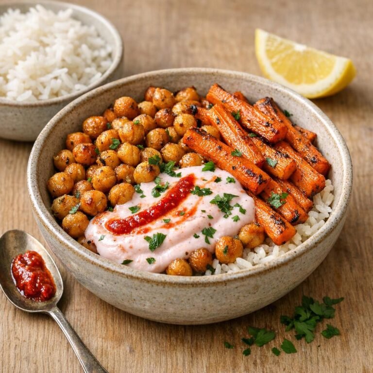 Bol de pois chiches rôtis, carottes et yaourt citronné au piment rouge avec Purée de Piment Rouge Artisanale – Force 1/5 - 85G