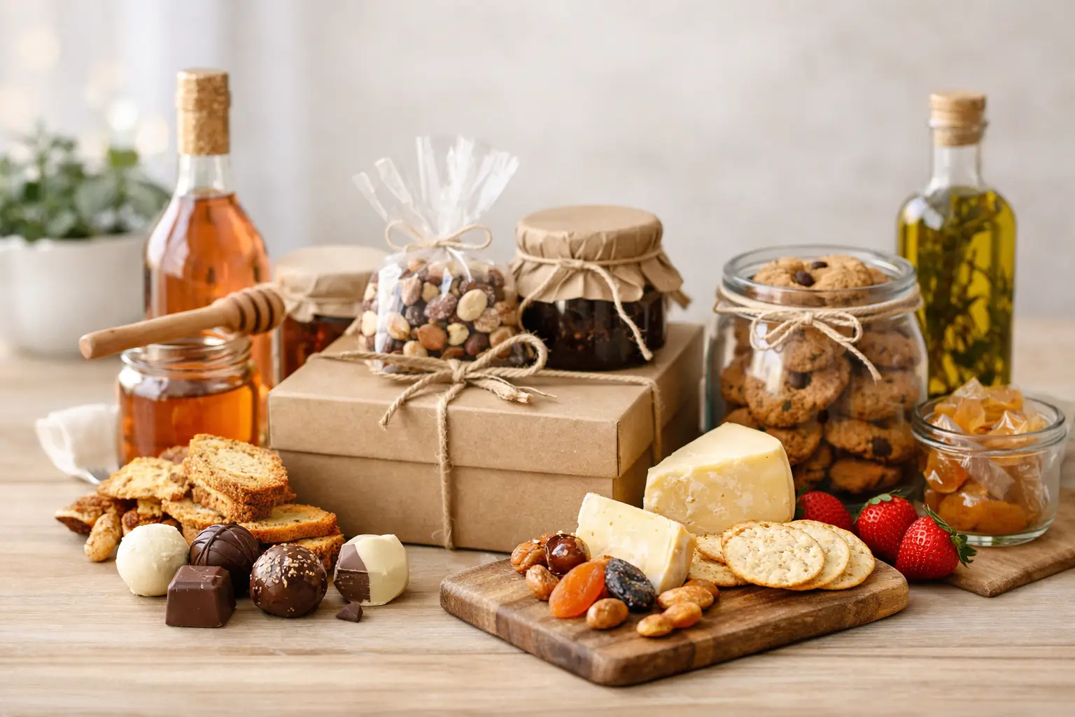 Coffret gourmand avec biscuits, chocolats, confitures et huiles d'olive.